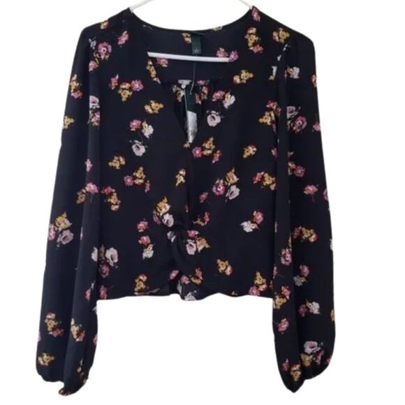 Wild Fable Black Floral Twist Front Long Sleeve Crop Top Romantic NWT Me… - Picture 3 of 3